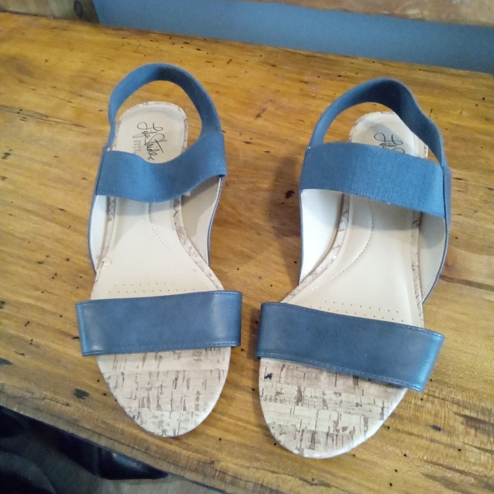 Life Stride Soft System Navy Blue Cork Wedge Sandals Size 10M